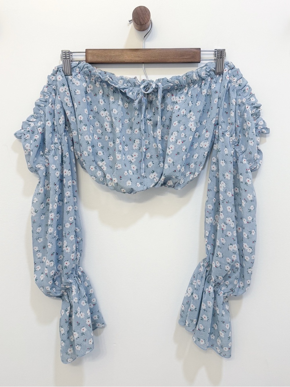 Smocked Blue Floral Cotton Off Shoulder Crop Top Cottagecore Ruffle Sleeve L